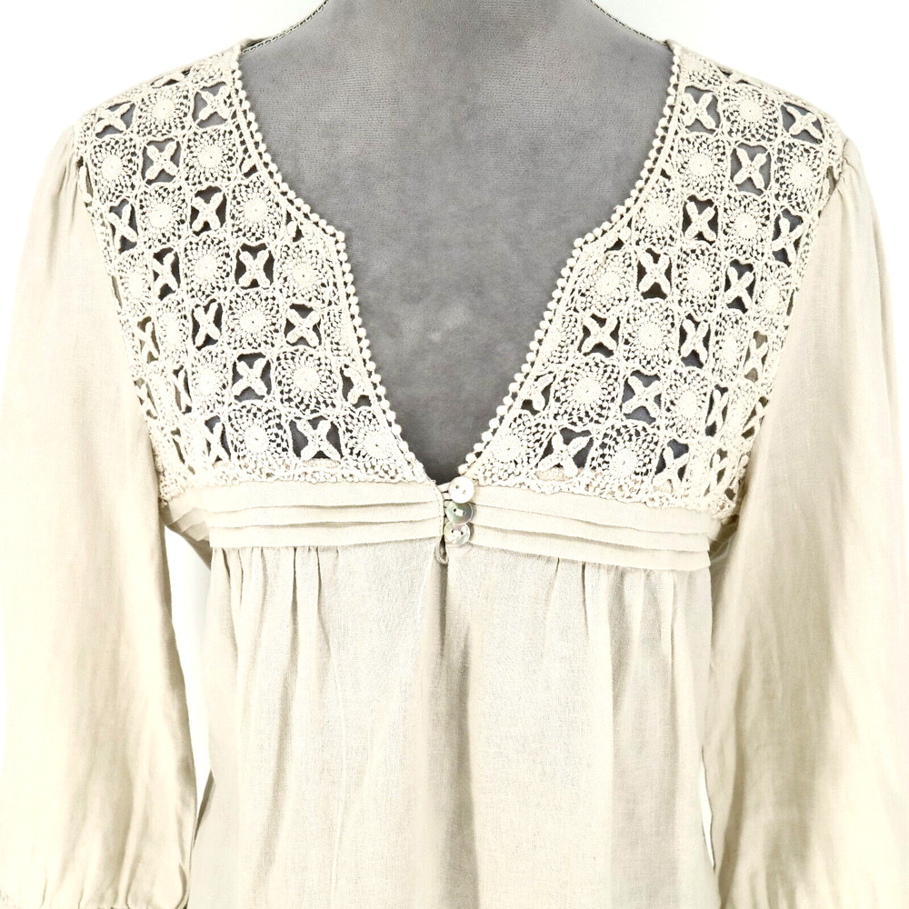 Malvin Top Womens 8 Medium Linen Beige Cotton Lace Front Blouse I Love Linen - Picture 7 of 13